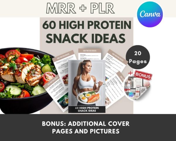 60 High Protein Snack Ideas Recipe Book with Master Resell Rights | Canva Template for 60 Low Carb Snack ideas MRR PLR Done-For-You DFY